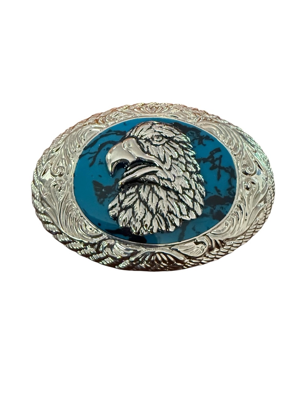 Vintage Bald Eagle Oval Belt Buckle Silver Tone & Blue Ornate Y2K Accessory